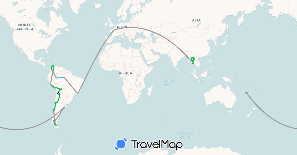 TravelMap itinerary: driving, bus, plane, cycling, boat in Argentina, Bolivia, Brazil, Chile, Colombia, France, New Caledonia, Peru, Thailand (Asia, Europe, Oceania, South America)